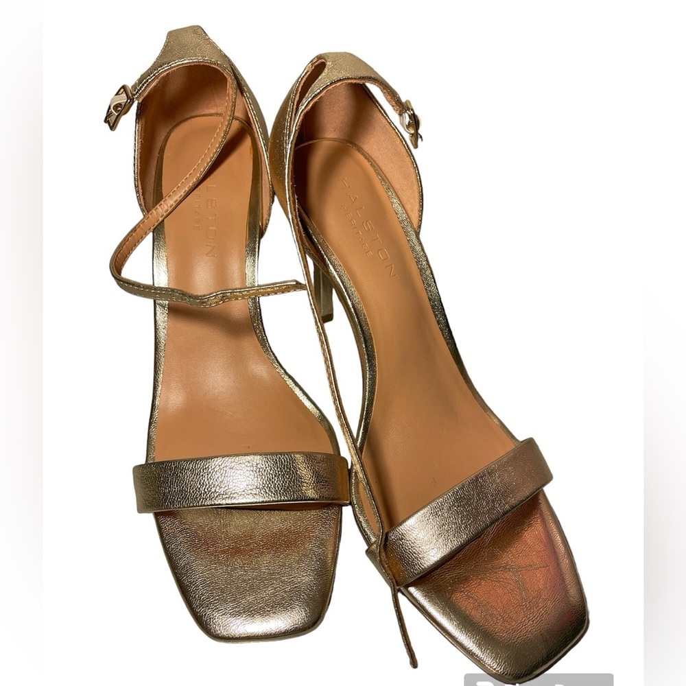 Halston Heritage Single Strap Leather Gold Heels Size 7.5